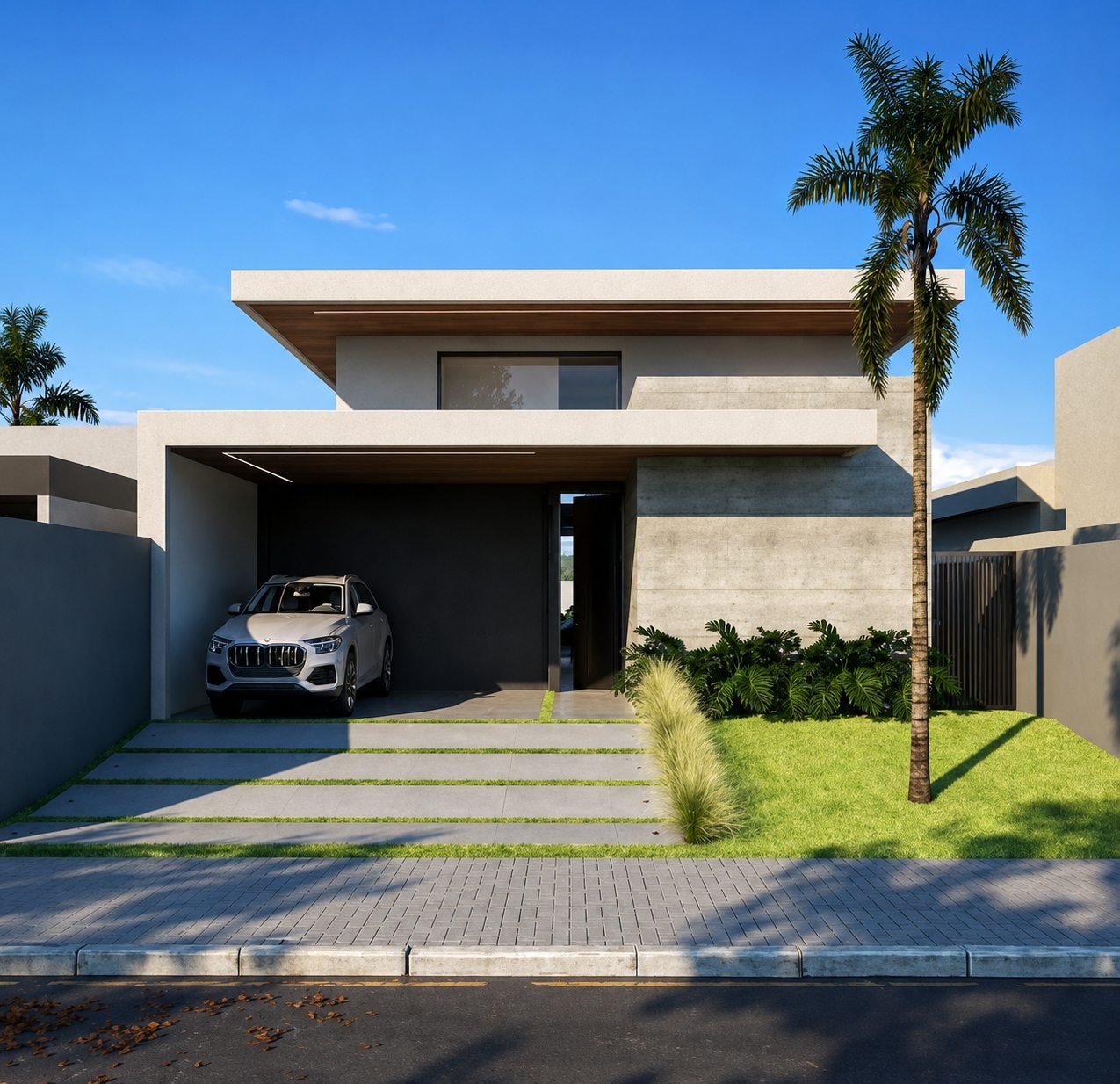 Casa Térrea Alto Padrão — Cadorin — fachada térrea moderna com piscina ao anoitecer