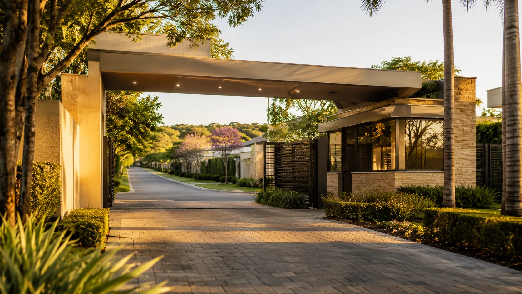 Entrada de loteamento fechado residencial com portaria e paisagismo
