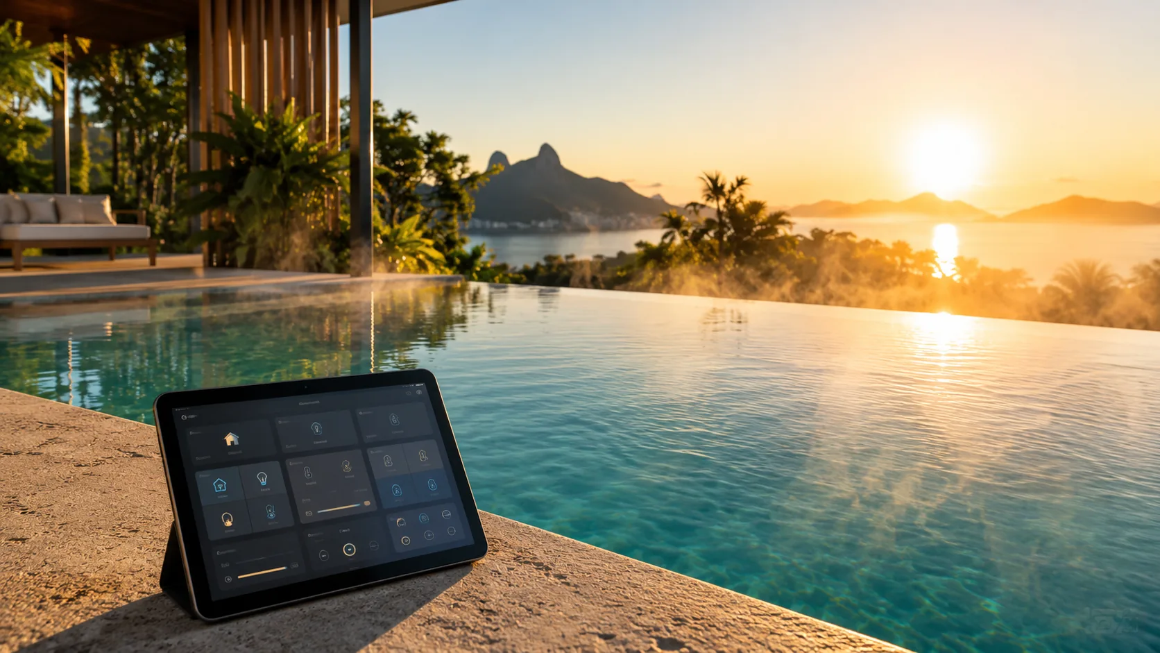 Piscina com borda infinita em residência de alto padrão ao ar livre