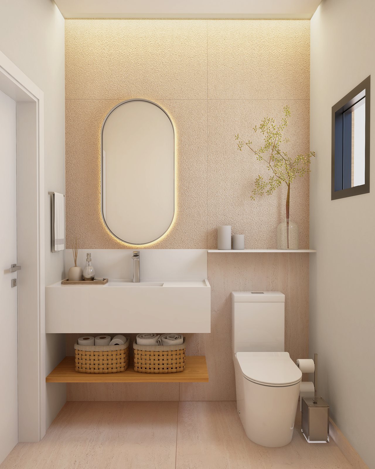 Lavabo sofisticado com cuba esculpida, espelho oval e marcenaria em madeira clara