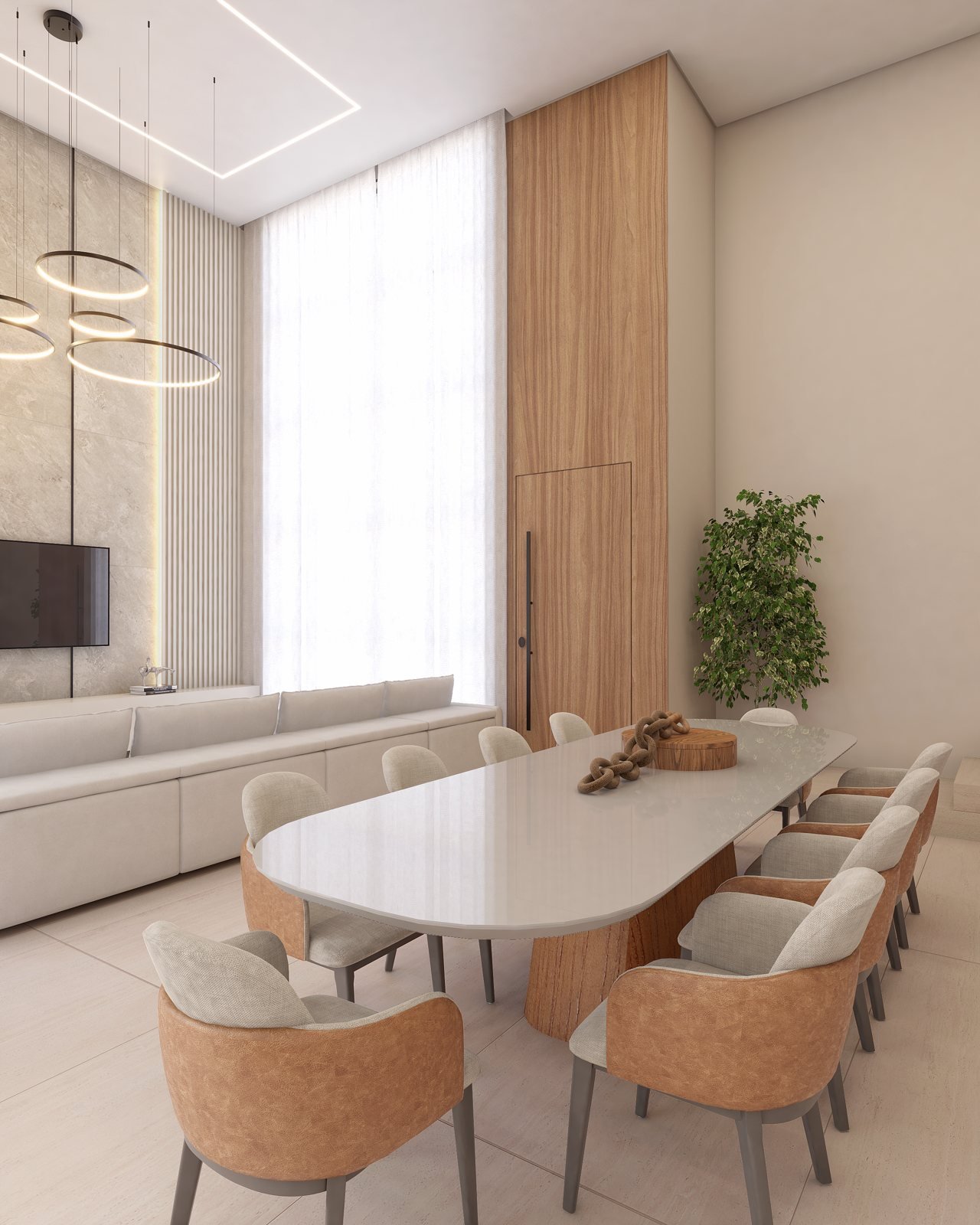 Sala de jantar com mesa para seis lugares, luminária pendente circular e painel de madeira