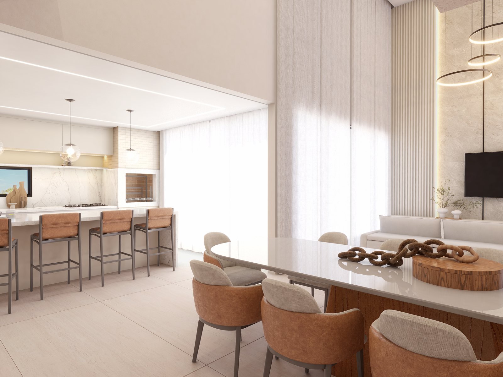 Cozinha e sala de jantar integradas em conceito aberto, com bancada gourmet e cortinas ao fundo