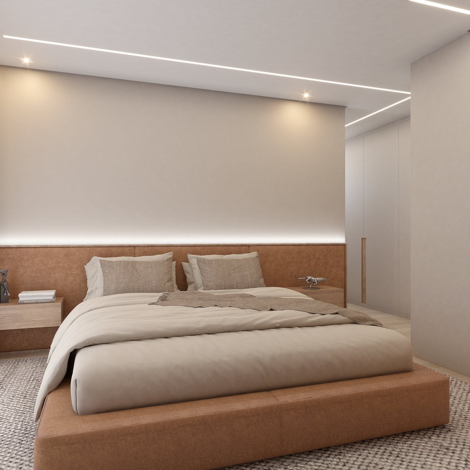 Suíte máster ampla com cama king, painel iluminado e closet integrado