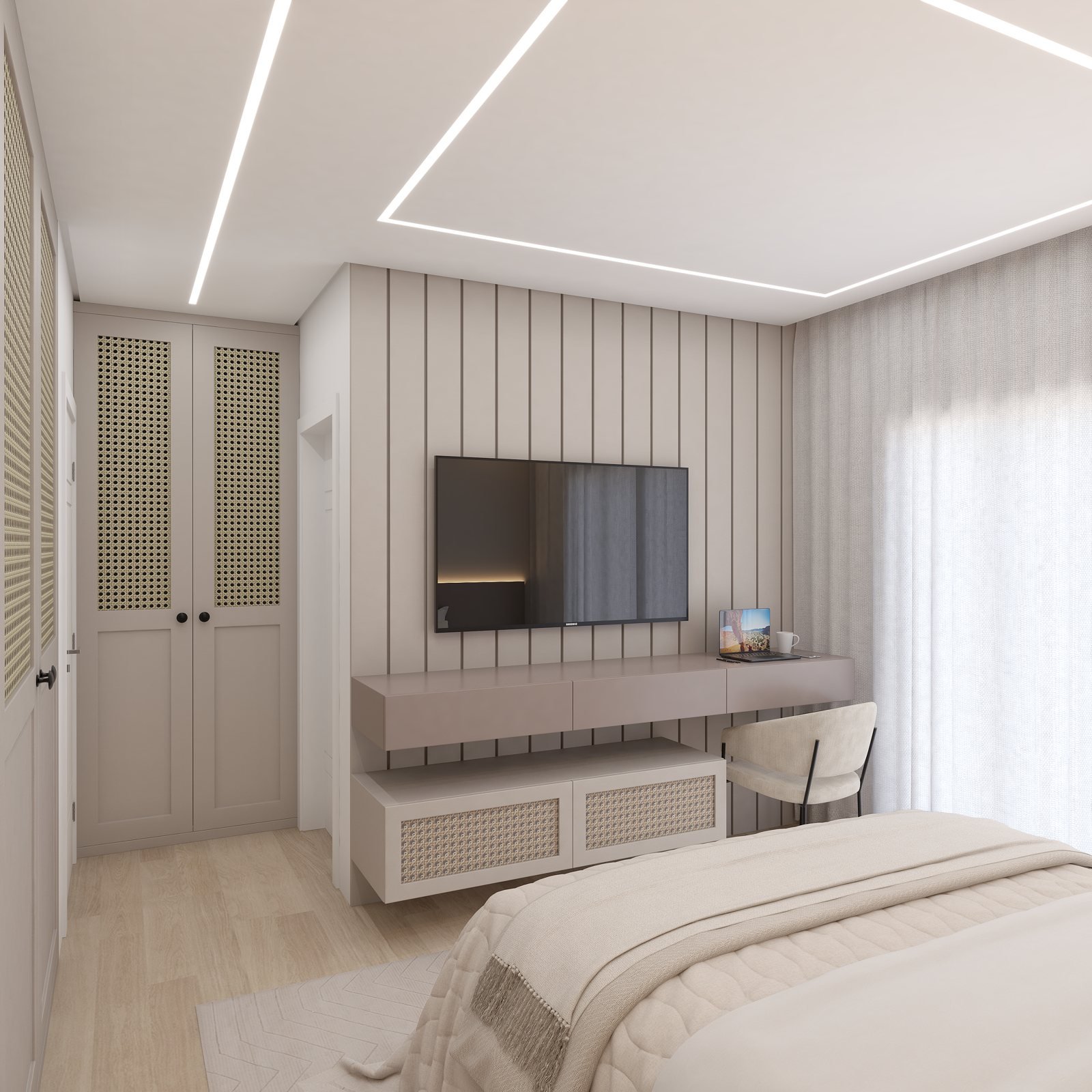 Suíte com cama de casal, roupeiro planejado e iluminação embutida no forro