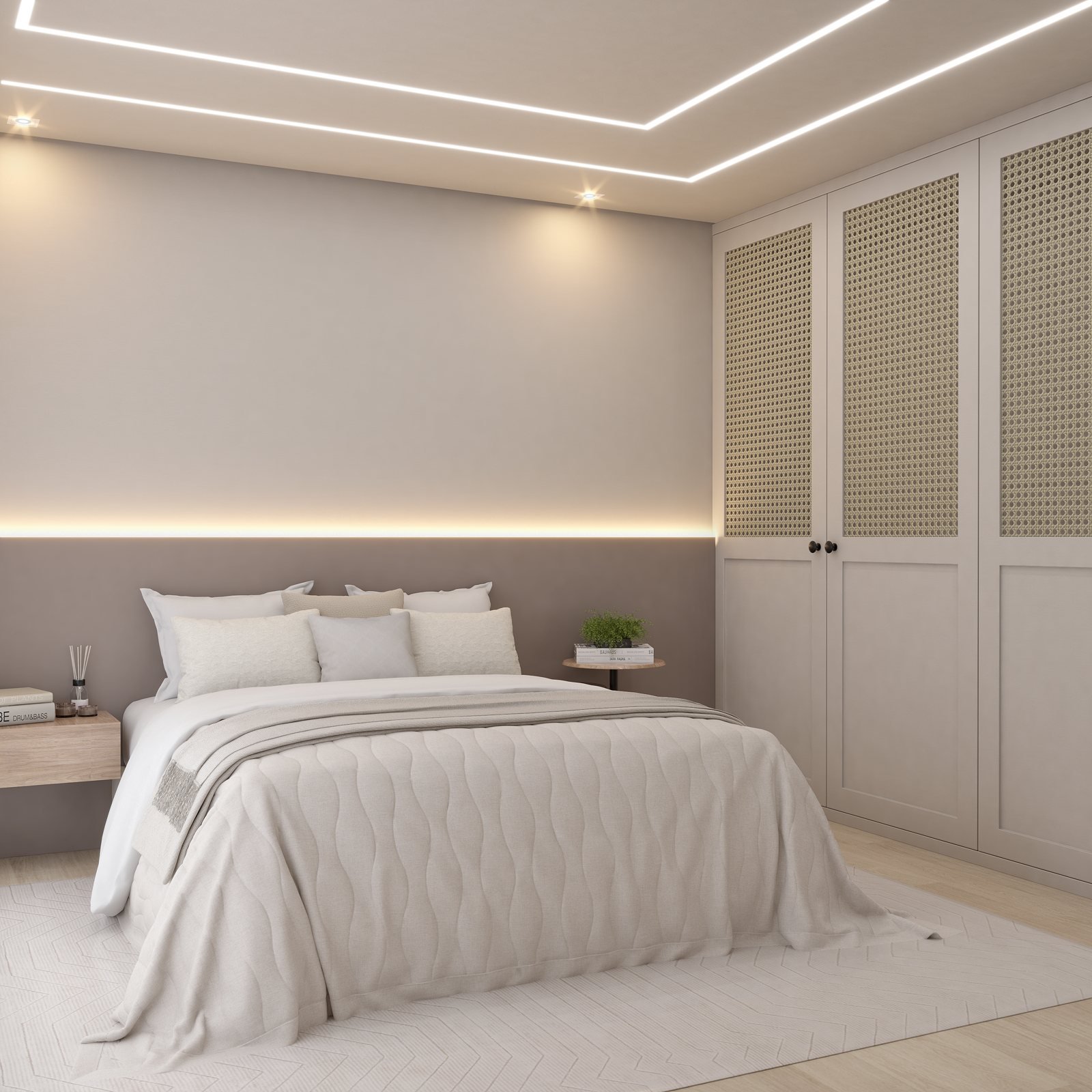 Suíte com painel de TV iluminado, nichos decorativos e tapete sobre porcelanato