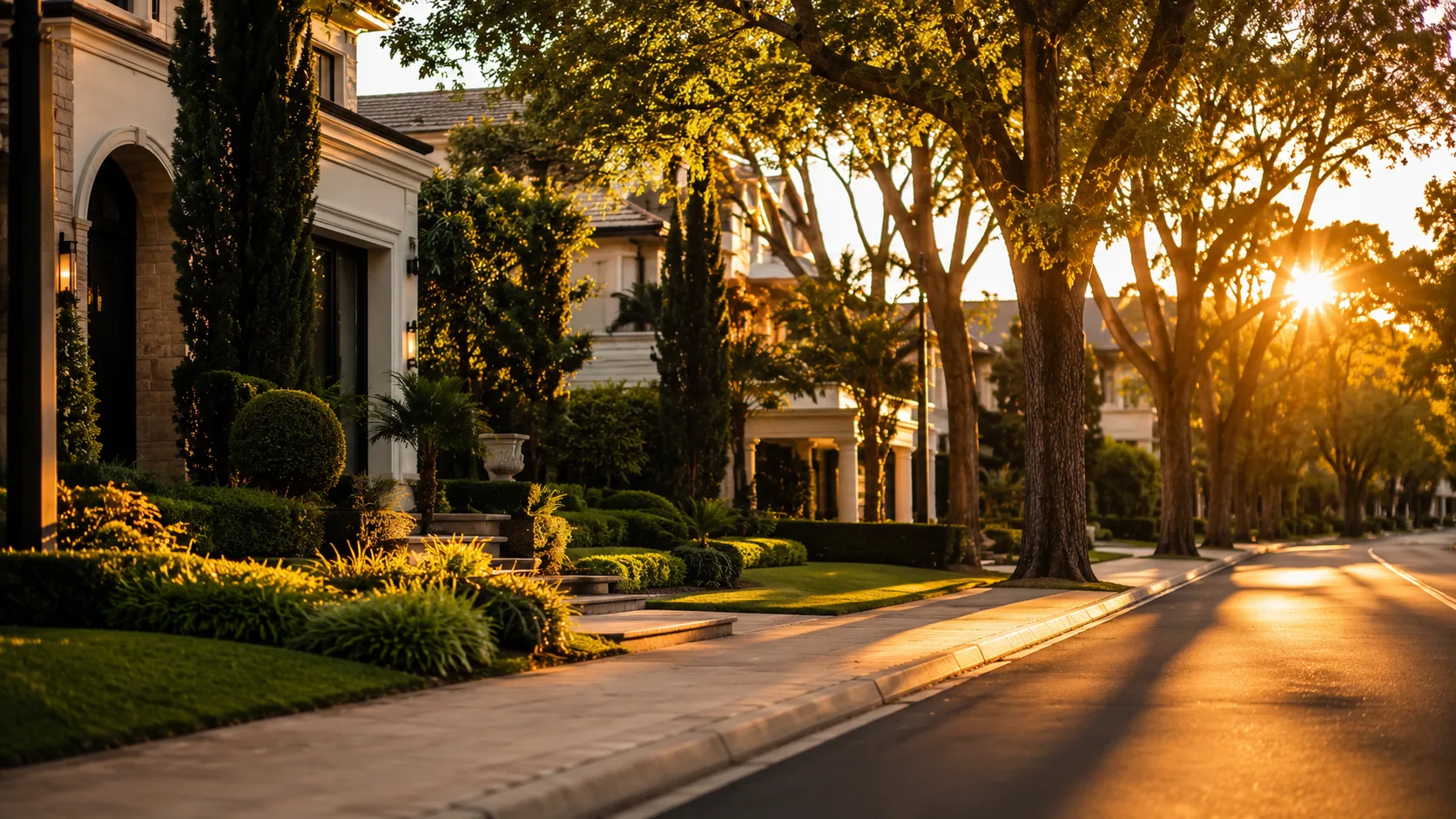 Rua arborizada de bairro residencial de alto padrão ao entardecer